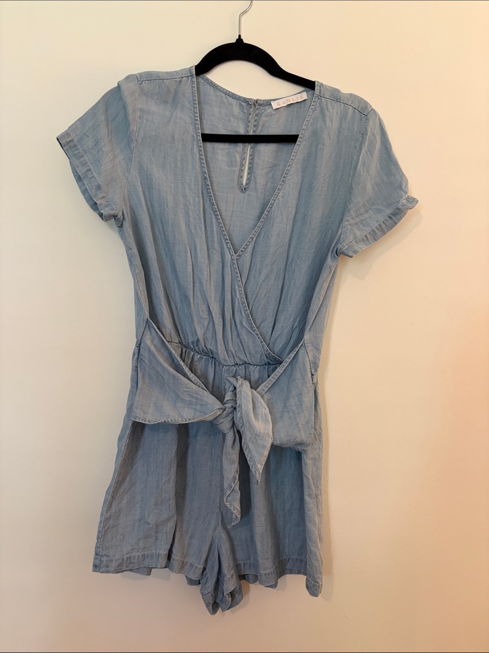 Light Blue Short Sleeve Tie-Waist One-Piece Romper